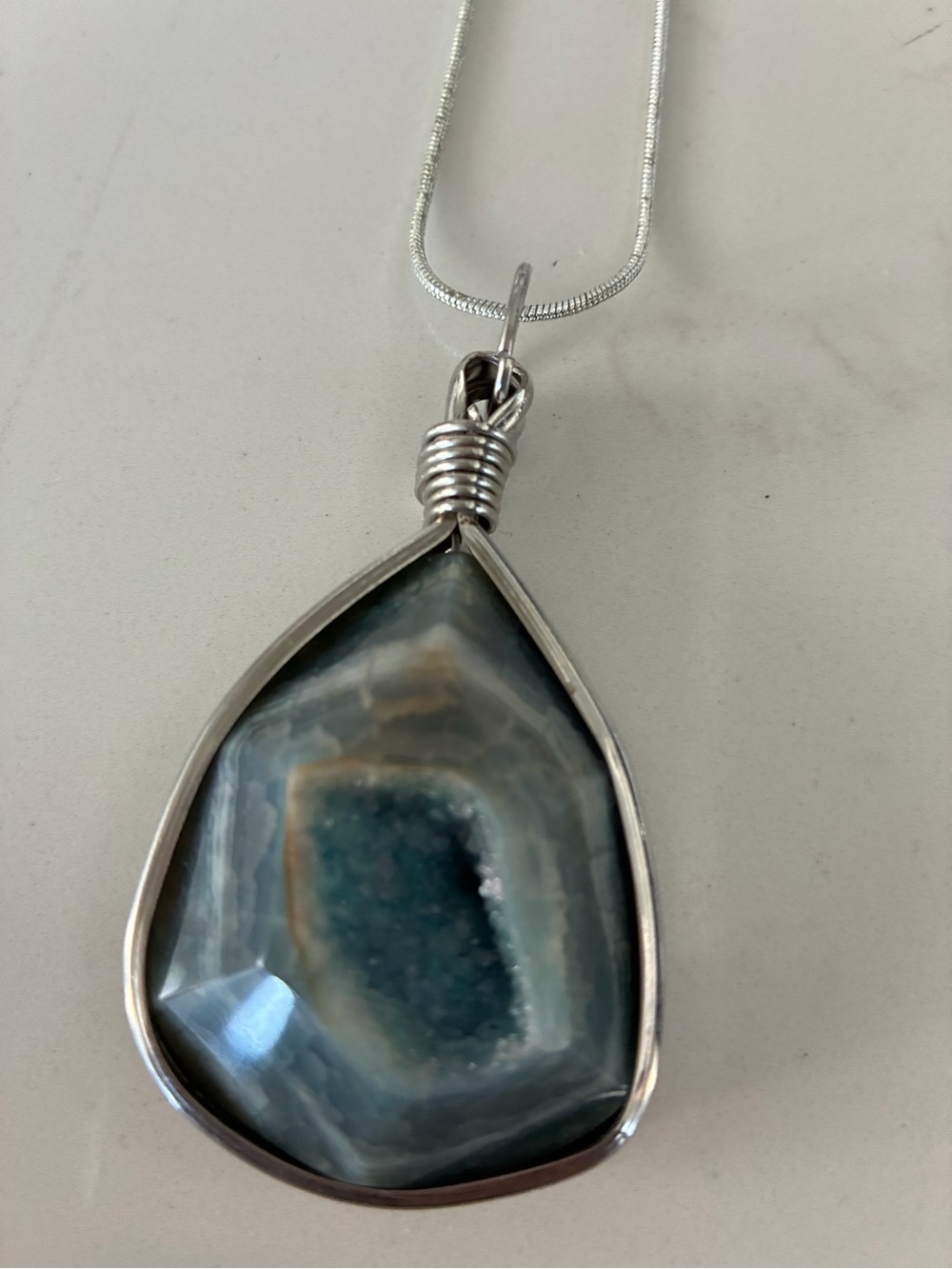 Artisan Sterling Silver Teardrop Brazilian Blue Agate Pendant Necklace